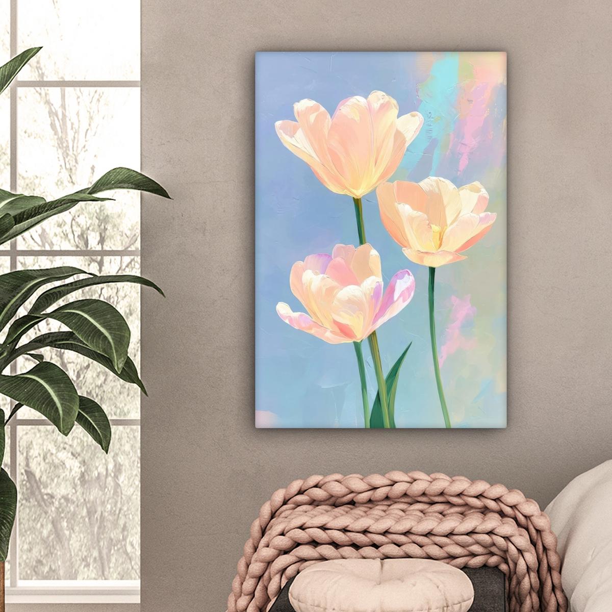 LEINWANDBILD Tulpen - Rosa Akzente - Blau Wanddeko 40x60 cm - Pastellblau, Textil (40/60cm) - MuchoWow