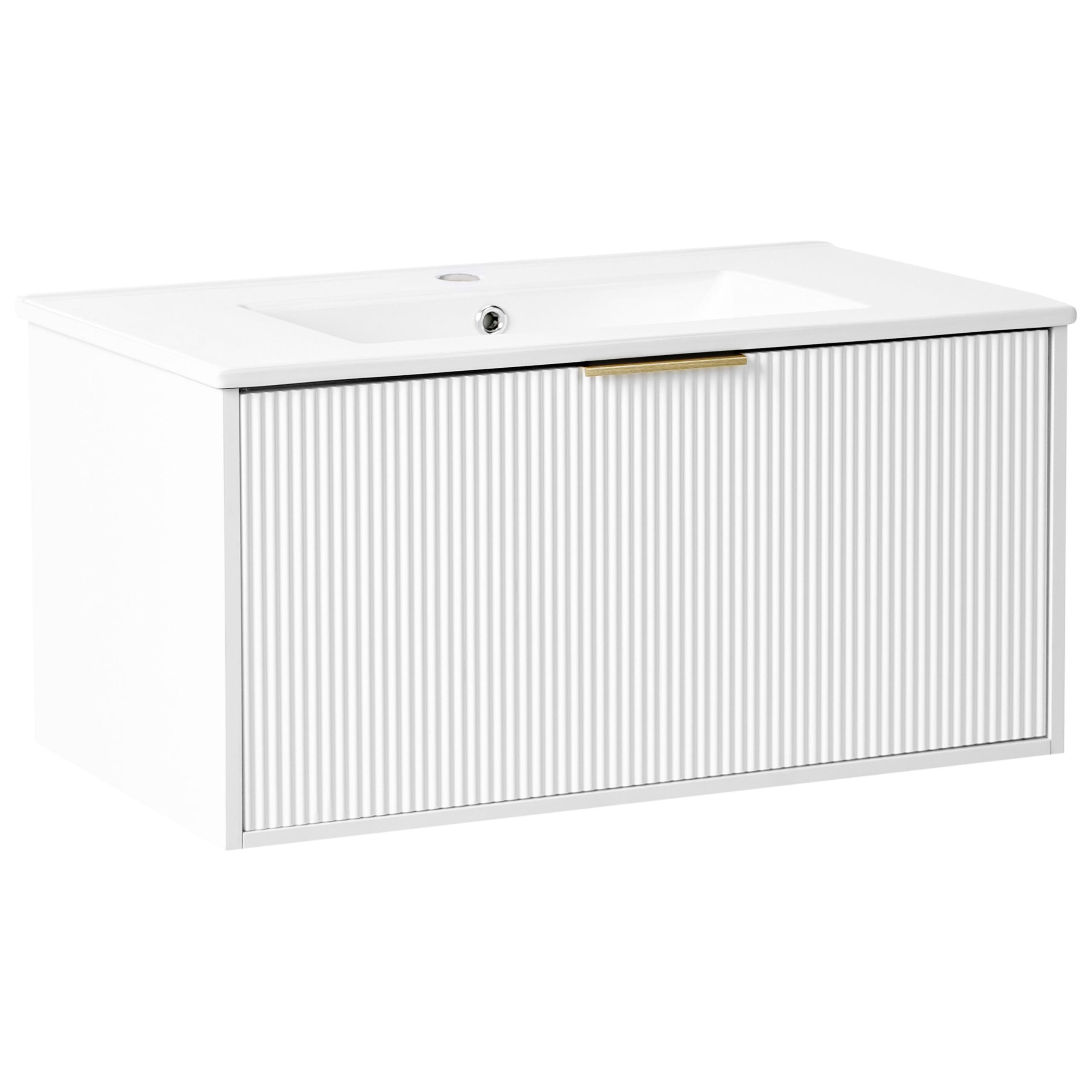 WASCHBECKENUNTERSCHRANK wandmontiertk mit Waschbecken mit goldenem Griff Weiß Tilcara - Weiß, Holzwerkstoff (80/38/93cm) - Beliani