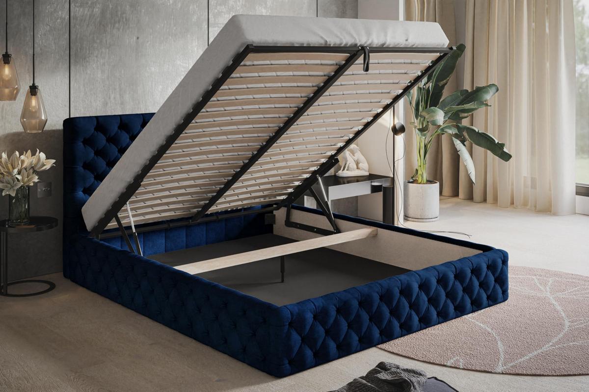 BETT 120x200 - Polsterbett mit Bettkasten und Metallrahmen - Elegant Betten - Glatter Kronos-Stoff - Kollektion Miami, Blau - Blau, Holz/Textil (120/200cm) - Alpi-Möbel