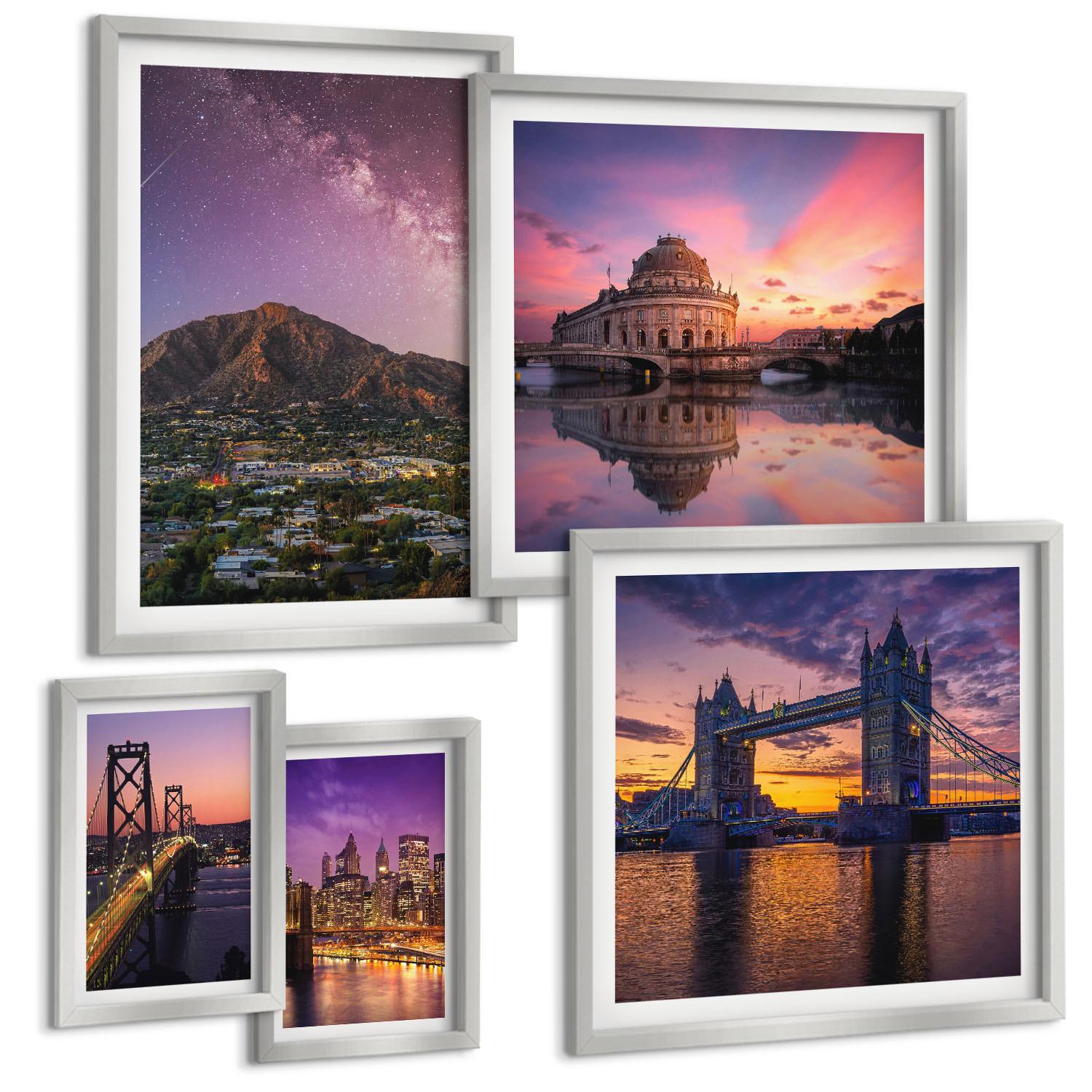 BILDER SET 5er Set - 50x50 cm & 20x30 cm & 40x60 cm Silberner Rahmen - Brücken, Sonne, Stadtblick - Silberfarben, Kunststoff (40/60cm) - TULUP