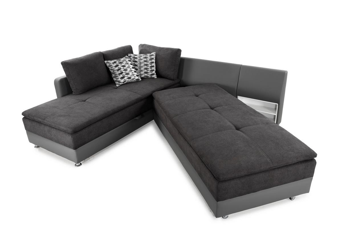 ECKSOFA-DAUERSCHLÄFER Doppelbett Boxspring Federkern Topper, Schwenkteil rechts B306/T223/H95 cm, Kunstleder Grau+Mikrofaser Anthrazit / 15106 - Chromfarben/Anthrazit, Kunststoff/Textil (306/223cm) - luma-home