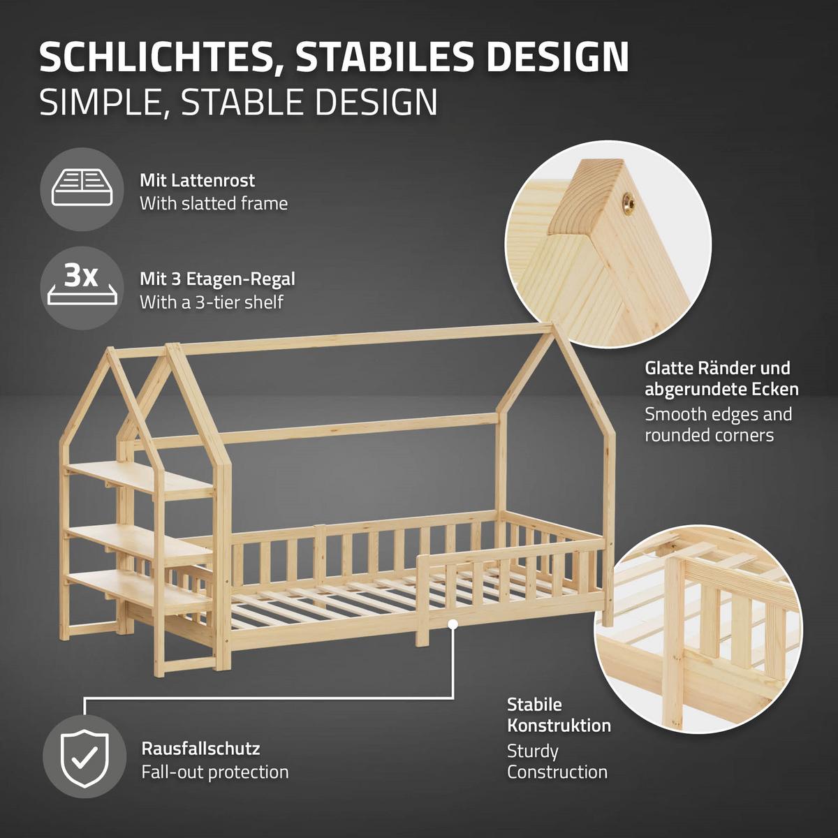 KINDERBETT 90x200 cm mit Matratze & Regal Natur aus Kiefernholz - Naturfarben, Holz (90/200cm) - ML-DESIGN