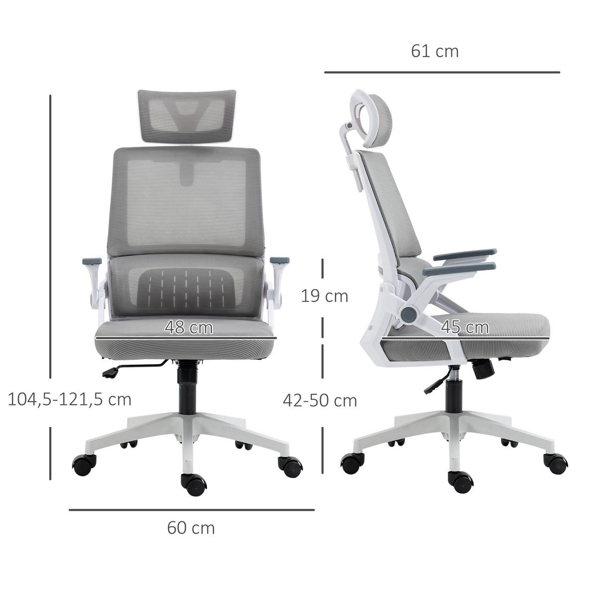 BÜROSTUHL Ergonomisch, Schreibtischstuhl mit Verstellbar Kopfstütze Mesh, Grau - Grau, Textil (61/121.5/60cm) - Vinsetto