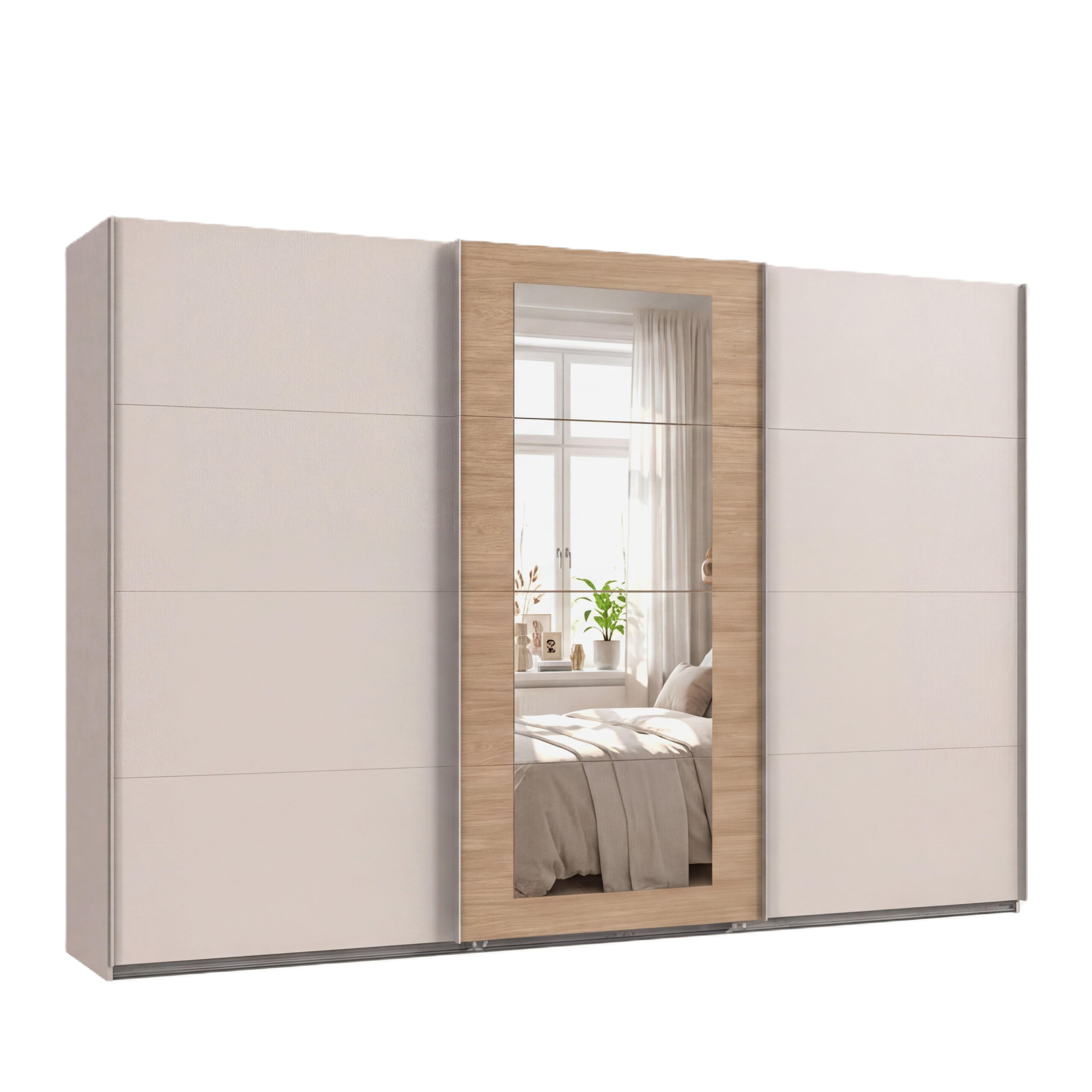 SCHWEBETÜRENSCHRANK 3-türig B313/H208/64 cm Kleiderschrank in Beige Grau, Spiegel umrahmt in Eiche Natur, Griffe Beige Grau / 22631 - Beige/Grau, Holzwerkstoff/Metall (313/208/64cm) - luma-home