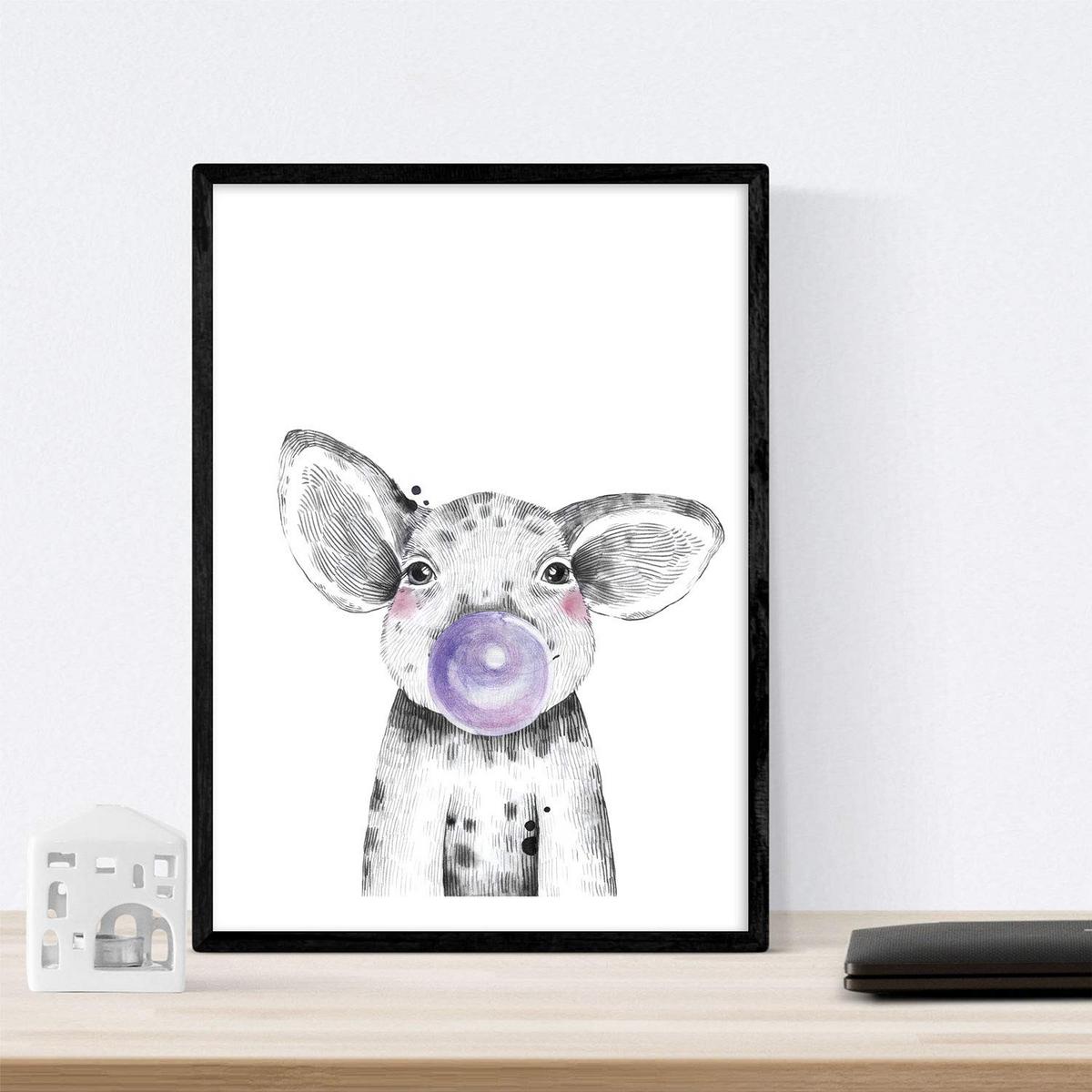 POSTER Set Mit 6 Tiere Babys Mit Kaugummi Hirschschwein Elefant Zorro Bär Hund A4 Schwarzer Rahmen - Schwarz, Papier (29/3cm) - Nacnic