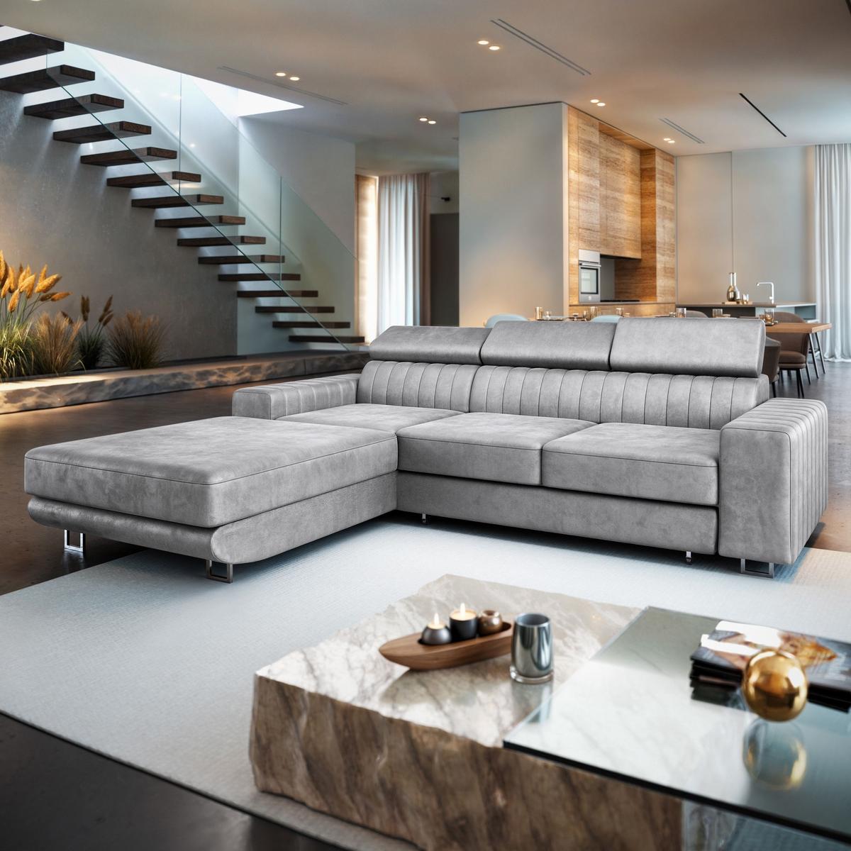 ECKSOFA NOTO L-S Hellgrau Velours-Stoff mit Schlaffunktion - Silberfarben/Hellgrau, Holz/Textil (267/190cm) - MASSENO