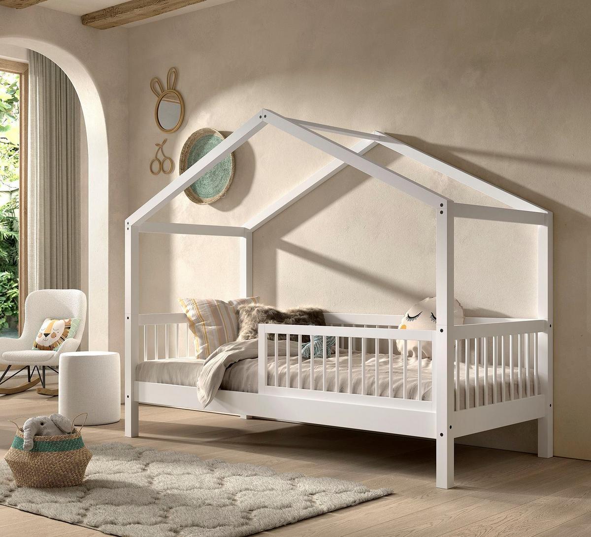 HAUSBETT 90x200 Keeley Buche Weiß Holz Dach Komfort Stabil - Weiß, Holz (90/200cm) - 58aufmkessel