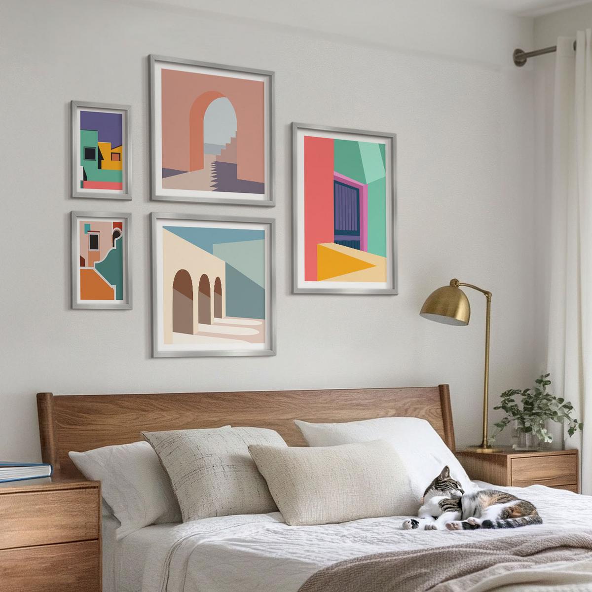 BILDER SET 5er Set - 50x50 cm & 20x30 cm & 40x60 cm Silberner Rahmen - Farbenfrohe Illustrationen der Stadt - Silberfarben, Kunststoff (40/60cm) - TULUP
