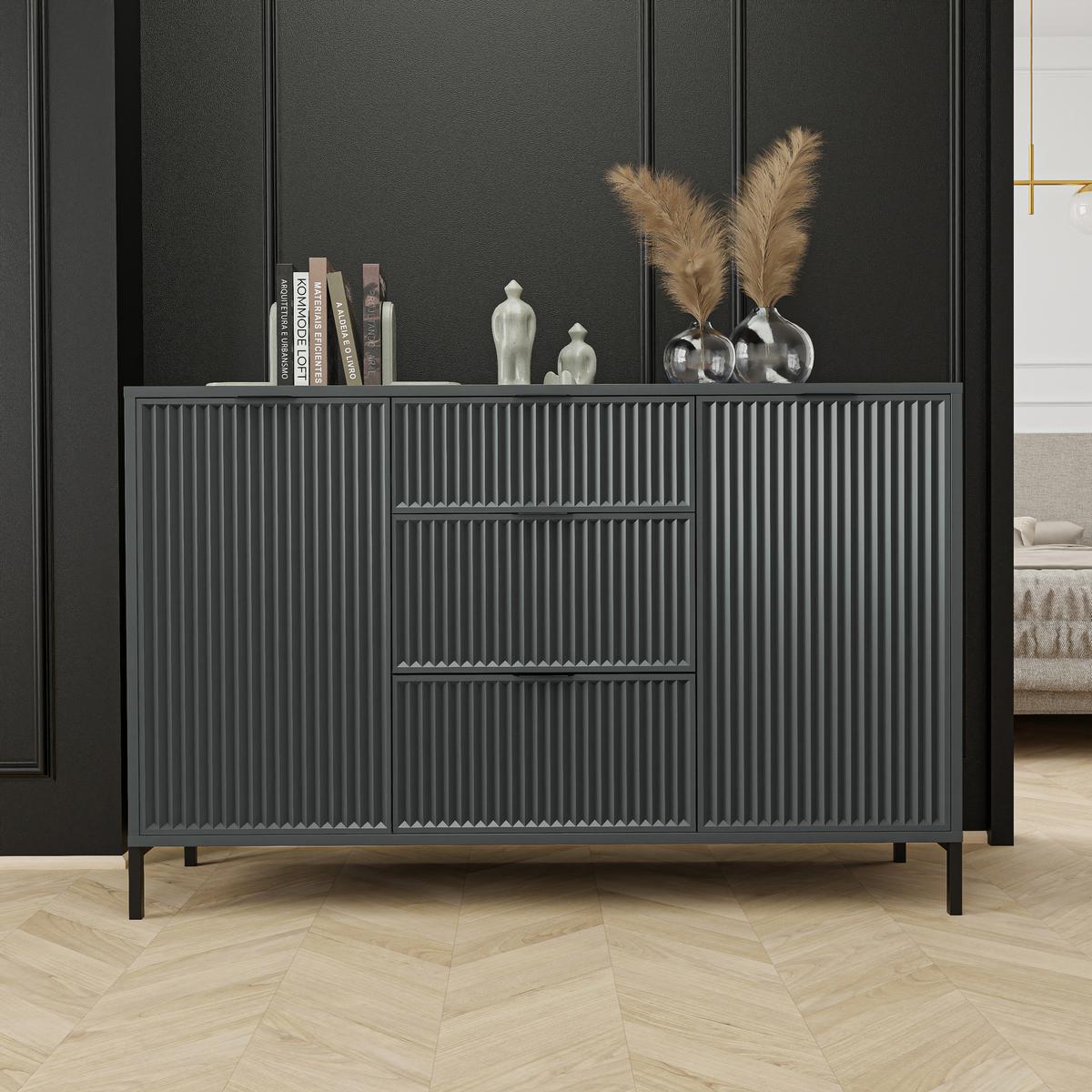 KOMMODE klein Aufbewahrungsschrank mit 3 Schubladen und 2 Türen, Grün - Grün, Holzwerkstoff (135/87/41cm) - Idohome