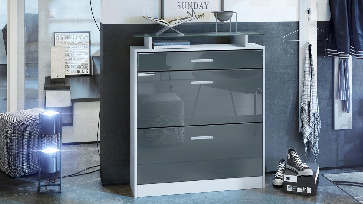 SCHUHSCHRANK Loret Front in Grau Hochglanz - Grau, Holzwerkstoff (89/104/23cm) - Vladon