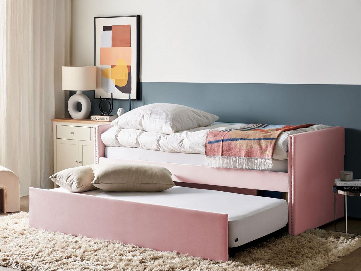 AUSZIEHBETT Samtstoff 90/200 cm Pastellrosa Troyes - Pink, Textil (90/200cm) - Beliani