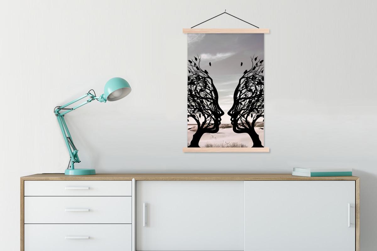 POSTER MIT MAGNETLEISTEN Strand - Meer - Menschen - Baum - Moderne Kunst Wandbild Schlafzimmer 60x90 cm - Hellgrau, Textil (60/90/0.15cm) - MuchoWow