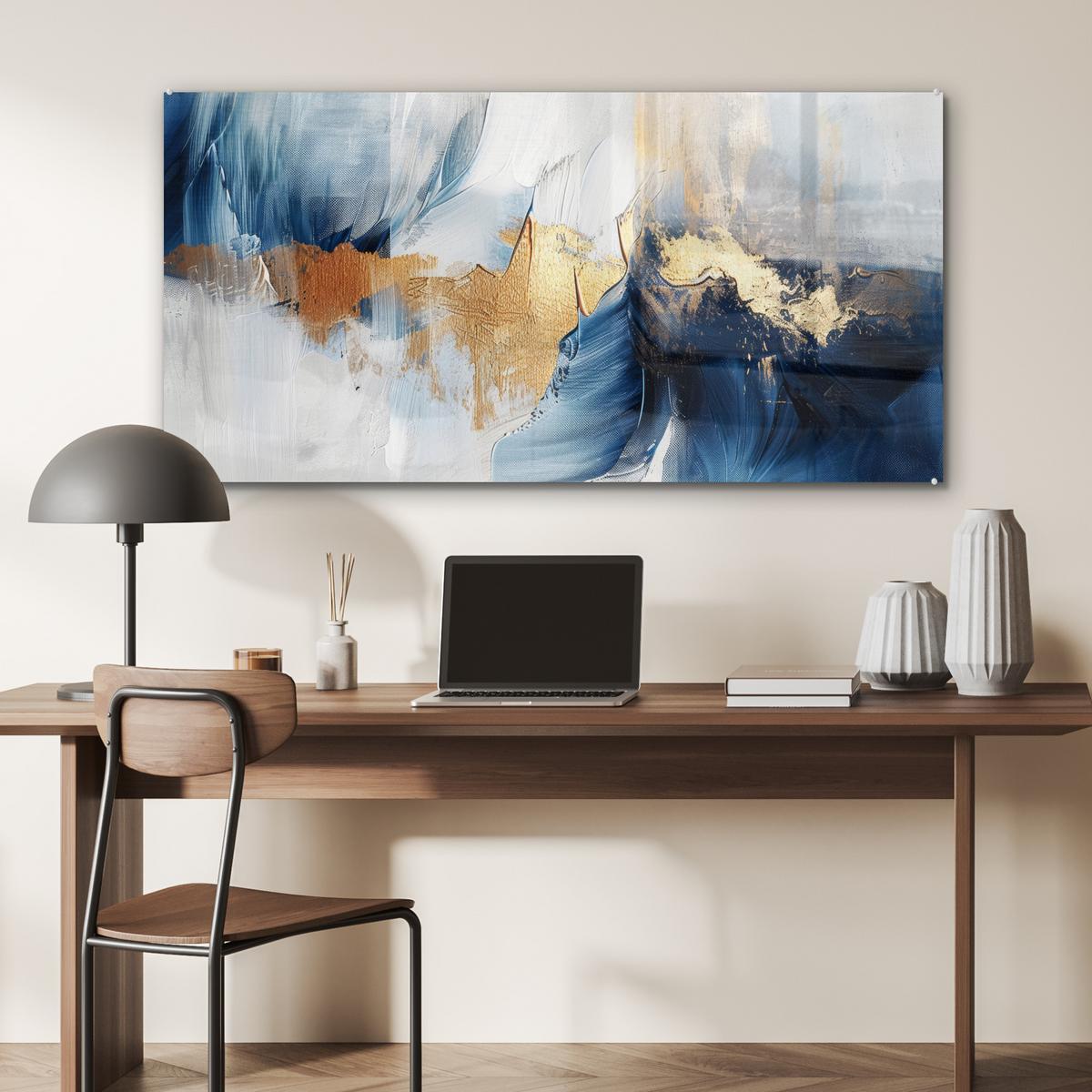 ACRYLGLASBILD Gold - Blau - Aquarell - Kunst - Modern 120x60 cm - Hellblau, Glas (120/60cm) - MuchoWow