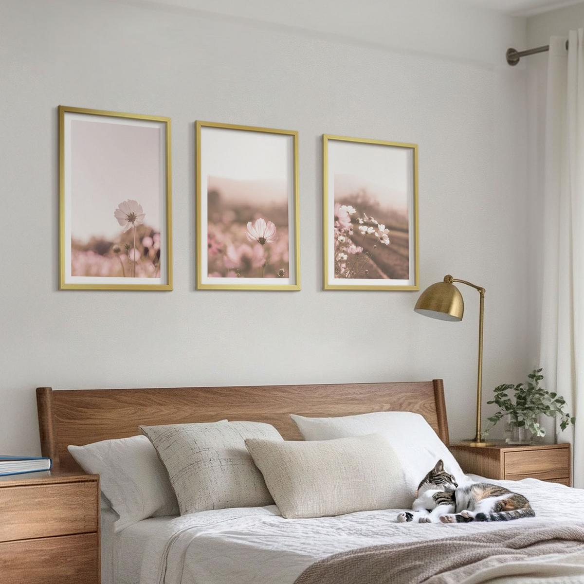 BILDER SET 3er Set - 40x60 cm Goldrahmen - Sommerlandschaften mit Wildblumenwiesen - Goldfarben, Kunststoff (40/60cm) - TULUP