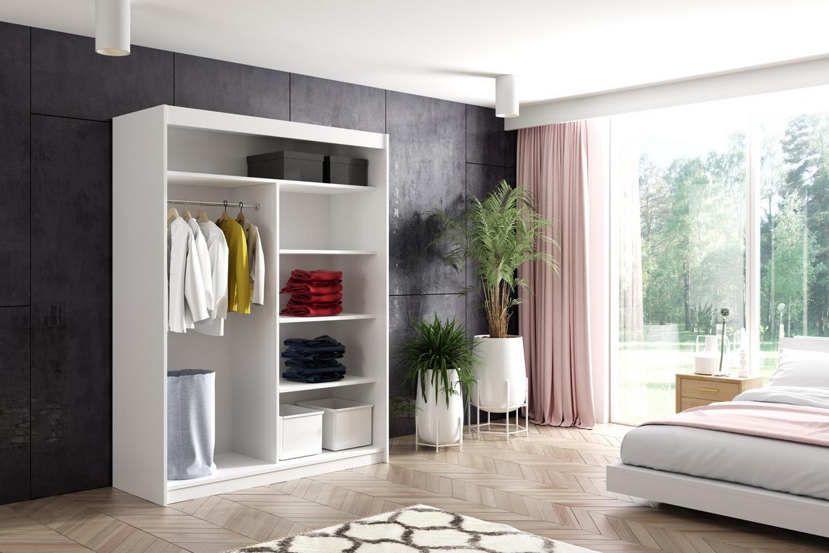 KLEIDERSCHRANK mit Lacobel-Schiebetüren und Aluminium-Leisten - VIVI - 160 cm Weiß - Weiß, Holzwerkstoff (160/216/61cm) - ALTDECOR