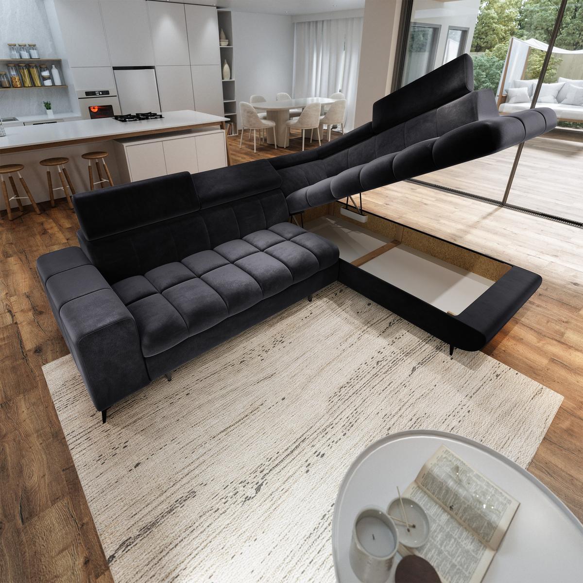 ECKSOFA MORIVA R-S Schwarz Velours-Stoff mit Schlaffunktion - Schwarz, Holz (253/190cm) - MASSENO