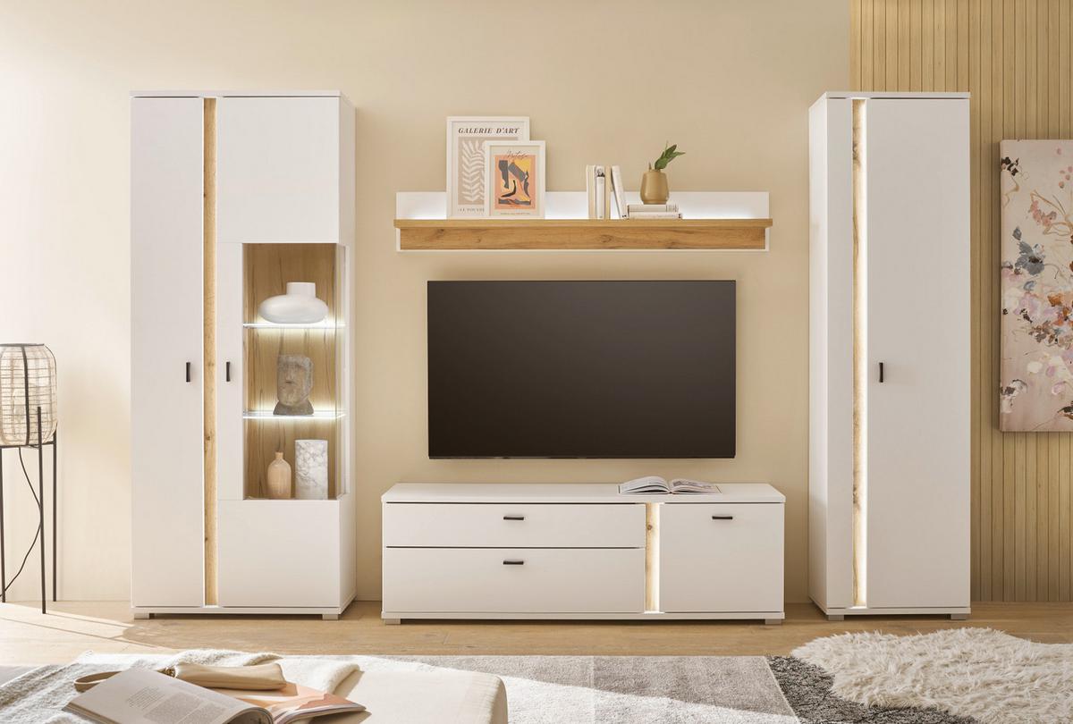 VITRINE weiß matt, Eiche Wotan 80 x 200 cm, Vitrinenschrank inklusive Frontbeleuchtung - Eiche Wotan/Silberfarben, Glas/Holzwerkstoff (80/200/35cm) - Furn.Design