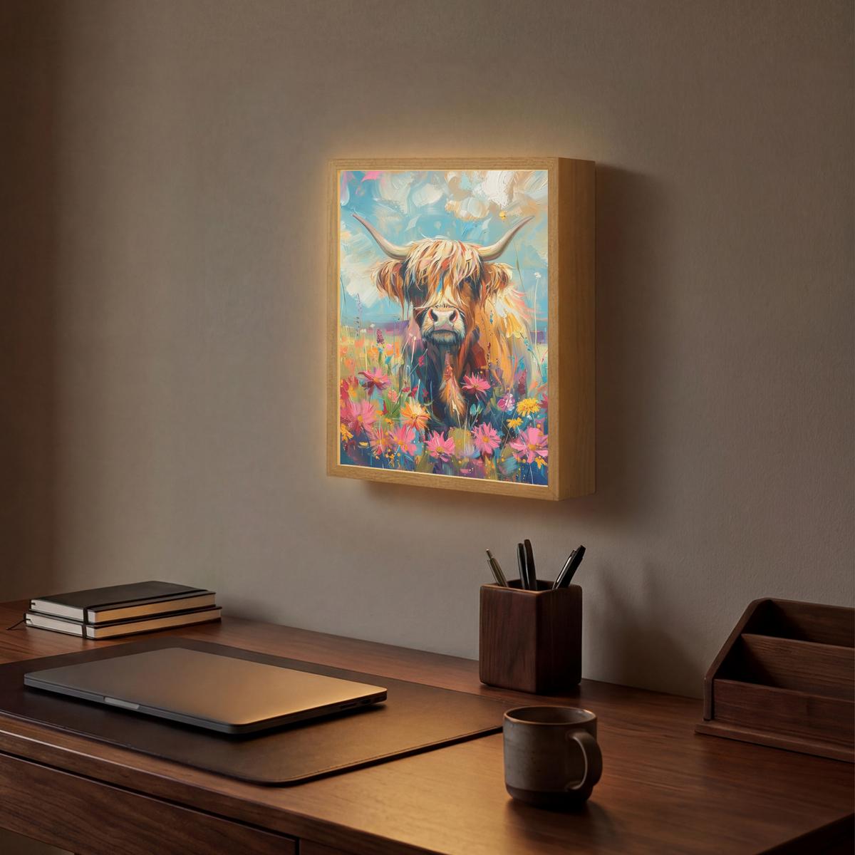 WANDLEUCHTE MIT AKKU Schottische Hochländer - Natur - Farbenfroh - Blumen 30x40 cm - Multicolor, Holzwerkstoff (30/40/8cm) - OnlyWow