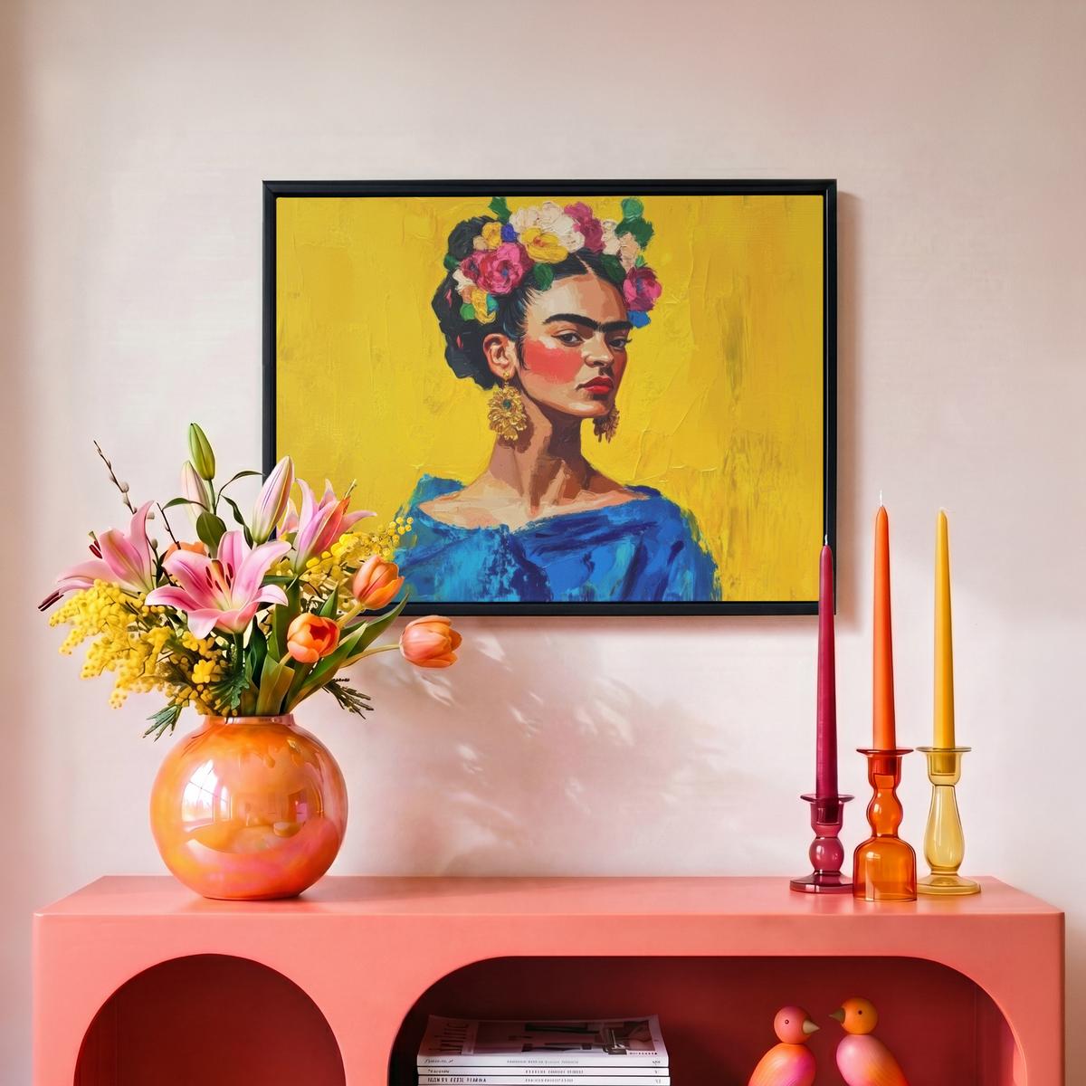 LEINWAND Bilder mit Rahmen - Frida Kahlo - Frau - Gelb - Blau - Blumen - 40x30 - Gelb, Textil (40/30cm) - MuchoWow