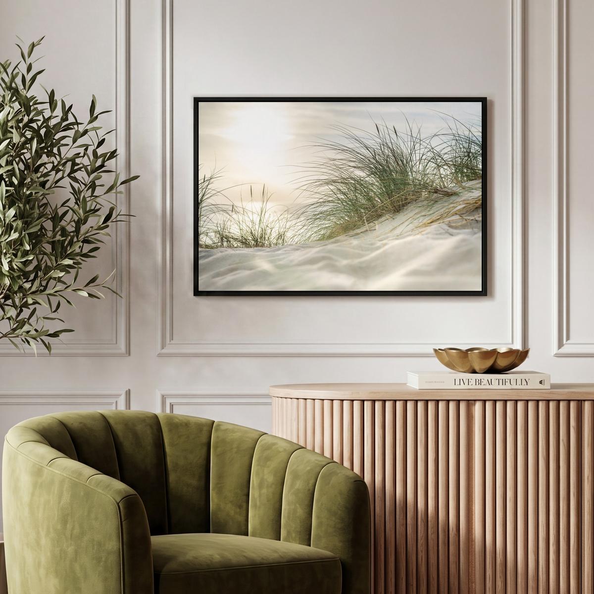 LEINWAND Bilder mit Rahmen - Dünen mit Strandhafer in der Sonne des Nationalparks Schleswig-Holsteinisches Wattenmeer - 60x40 - Creme, Textil (60/40cm) - MuchoWow
