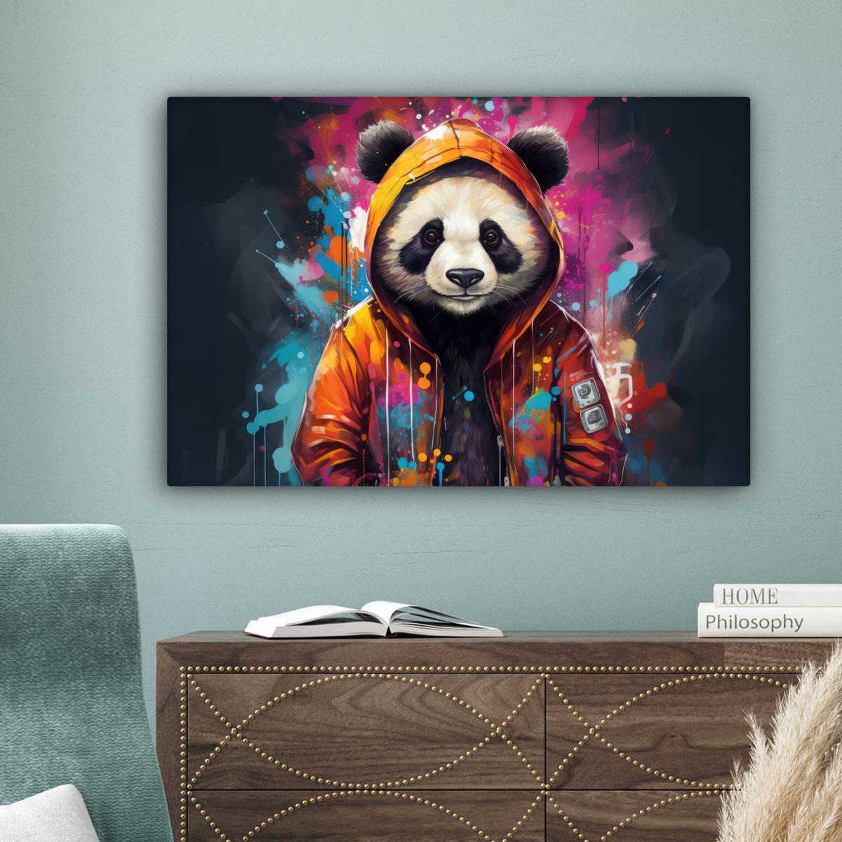 LEINWANDBILD Panda - Jacke - Graffiti - Orange XXL 150x100 cm - Orange, Textil (150/100cm) - MuchoWow