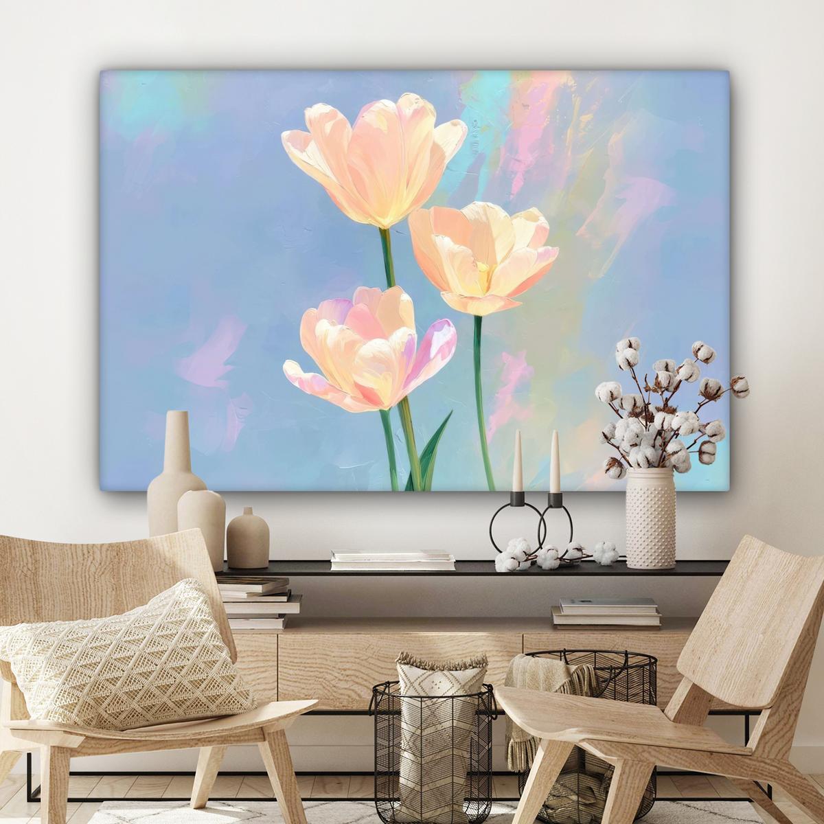 LEINWANDBILD Tulpen - Rosa Akzente - Blau Groß 140x90 cm - Pastellblau, Textil (140/90cm) - MuchoWow