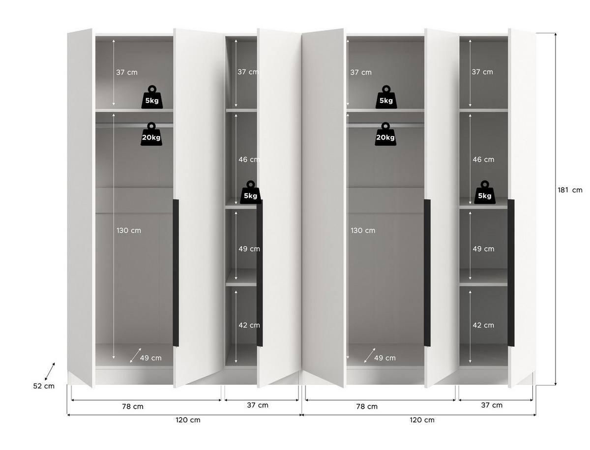 KLEIDERSCHRANK weiß 6-türig 240 x 181 cm, Drehtürenschrank mit Kleiderstange - Schwarz/Weiß, Holzwerkstoff/Kunststoff (240/181/52cm) - Inn.Furn