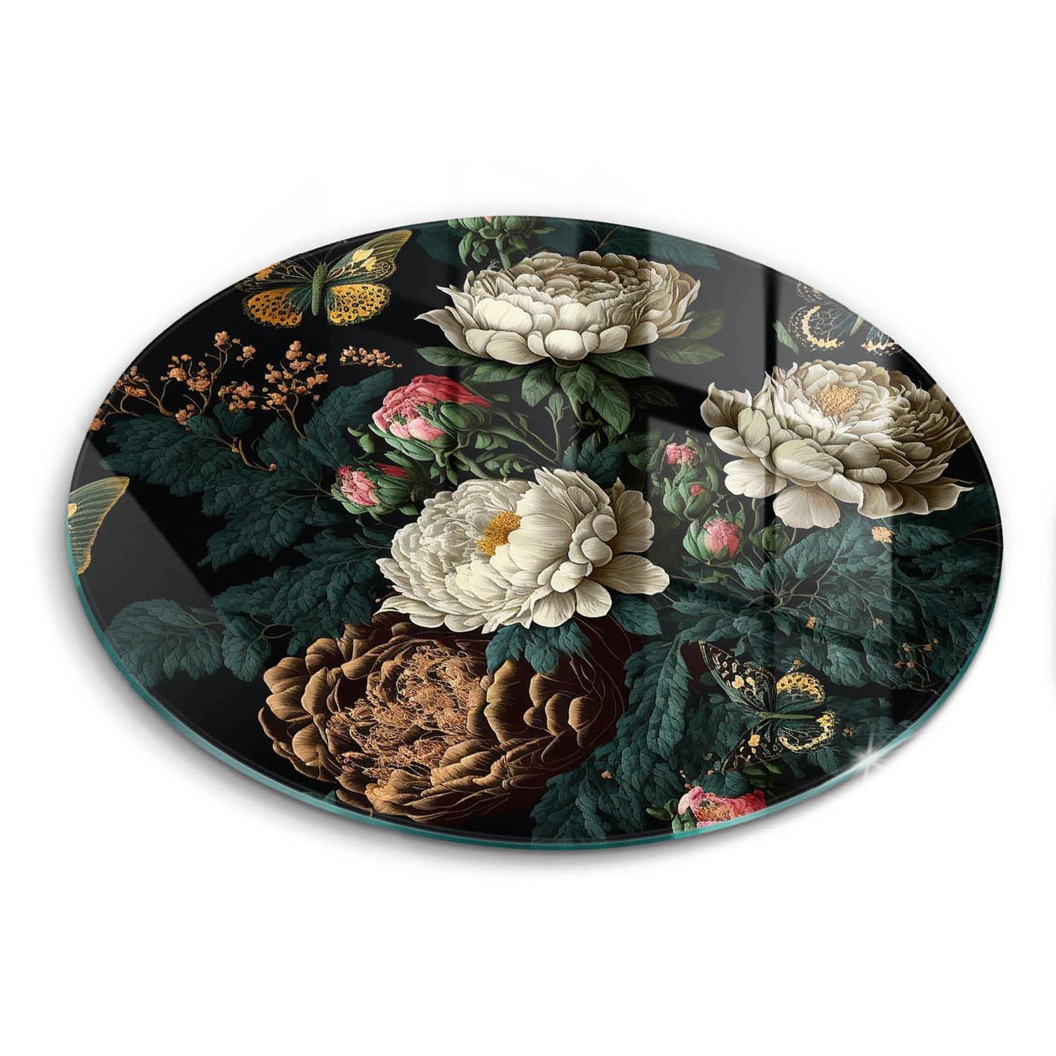 GLASPLATTE Ø 30 cm Vintage Pfingstrosen Blumen - Schwarz, Glas (30/30cm) - Wallfluent