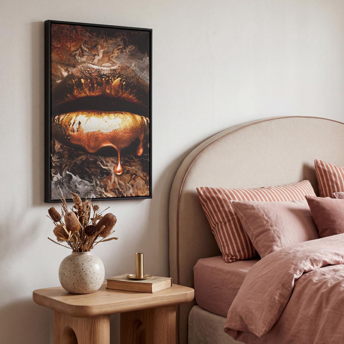 LEINWAND Bilder mit Rahmen - Gold - Lippen - Kunst - Gold - Luxus - Abstrakt - 40x60 - Kupferfarben, Textil (40/60cm) - MuchoWow