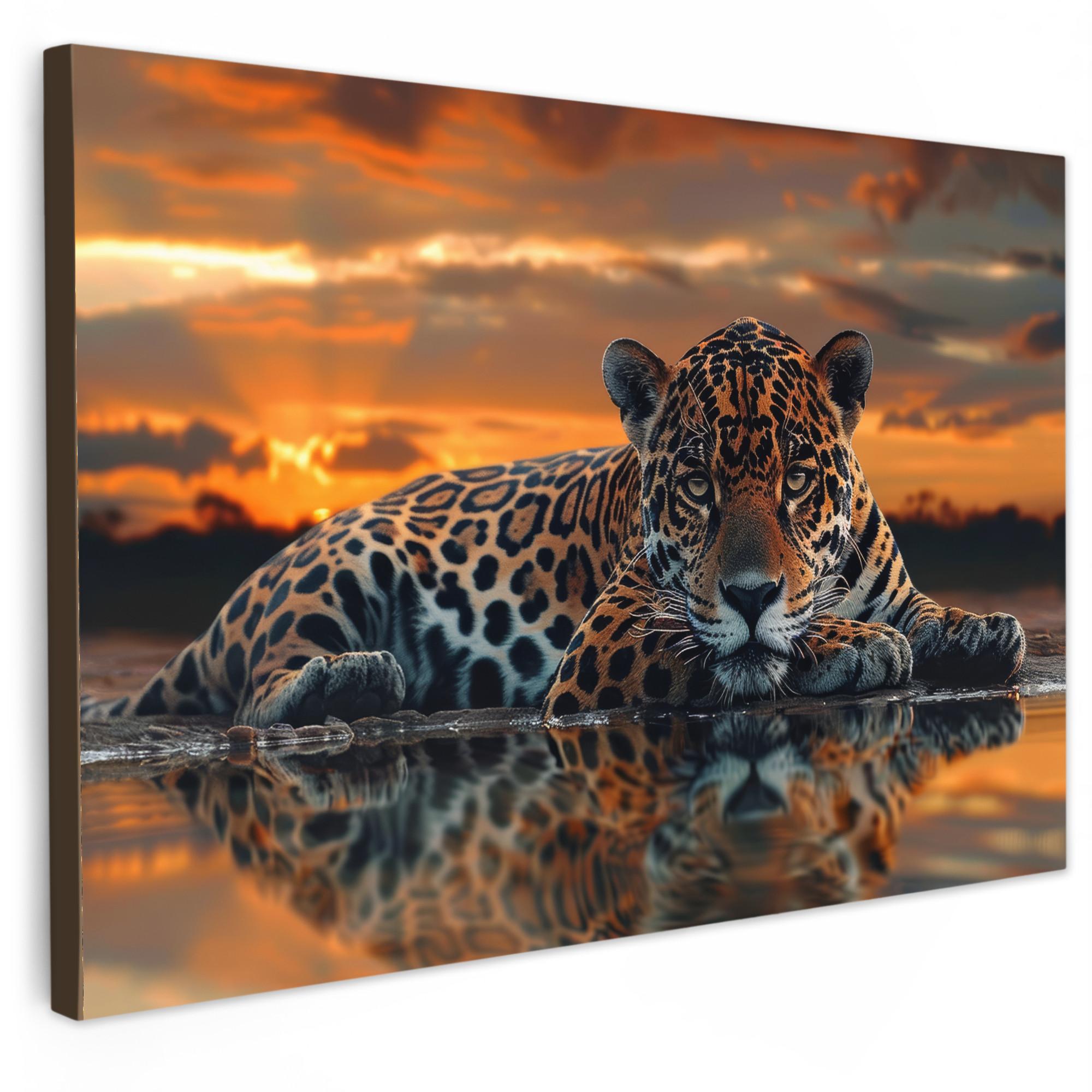 LEINWANDBILD Natur - Leopard - Tier - Sonnenuntergang - Modern XXL 150x100 cm - Orange, Textil (150/100cm) - MuchoWow