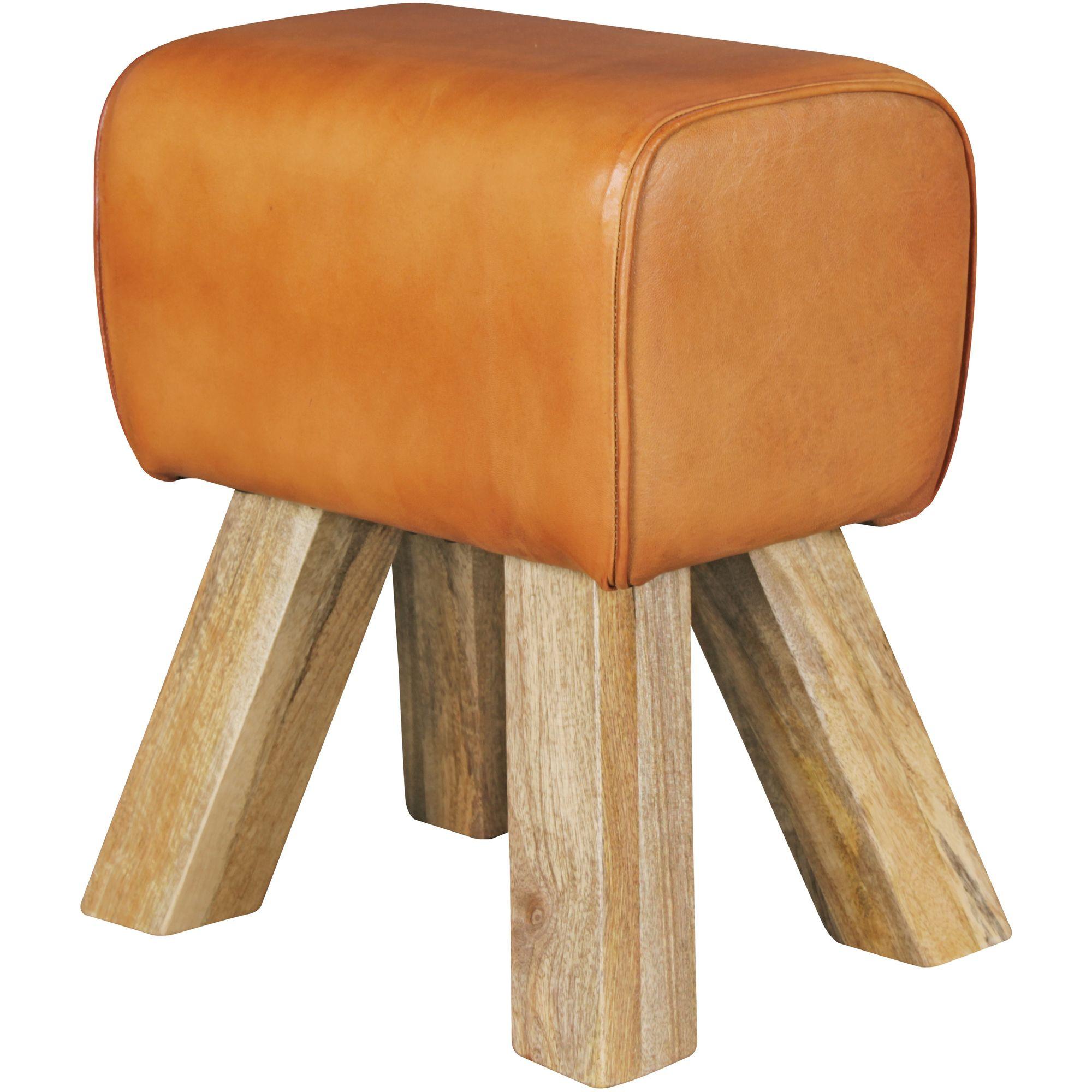 SITZHOCKER Retro Landhaus Holzbeine, Braun 40x30x47 cm - Braun, Mangoholz/Leder (40/47/30cm) - KADIMA DESIGN