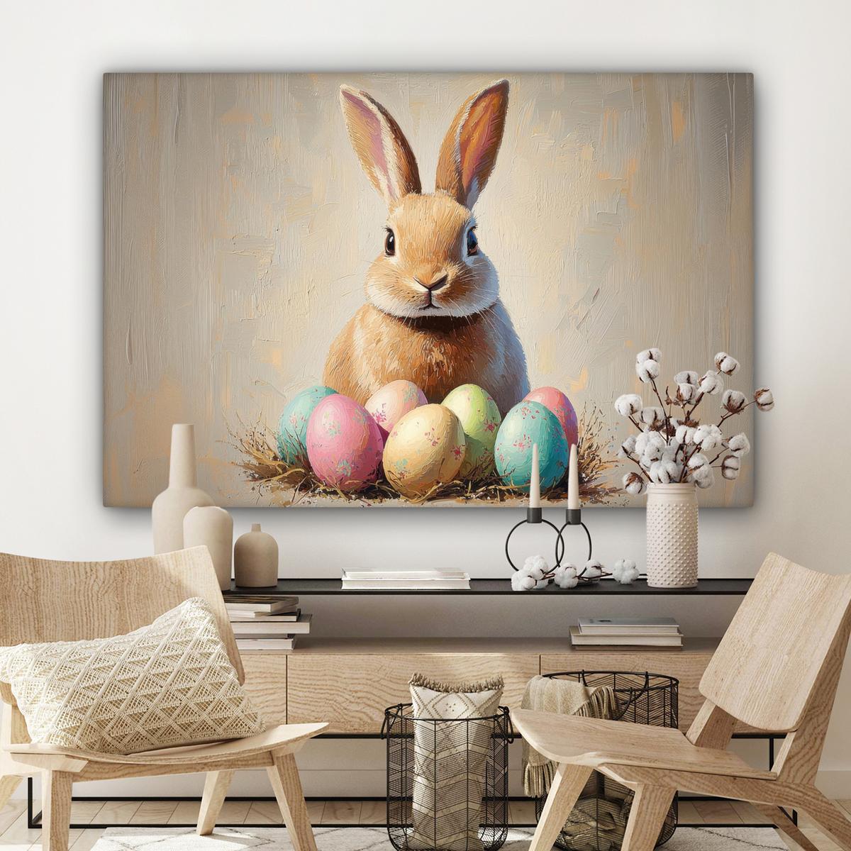 LEINWANDBILD Osterhase - Pastell - Eier Wohnzimmer Groß 120x80 cm - Beige, Textil (120/80cm) - MuchoWow