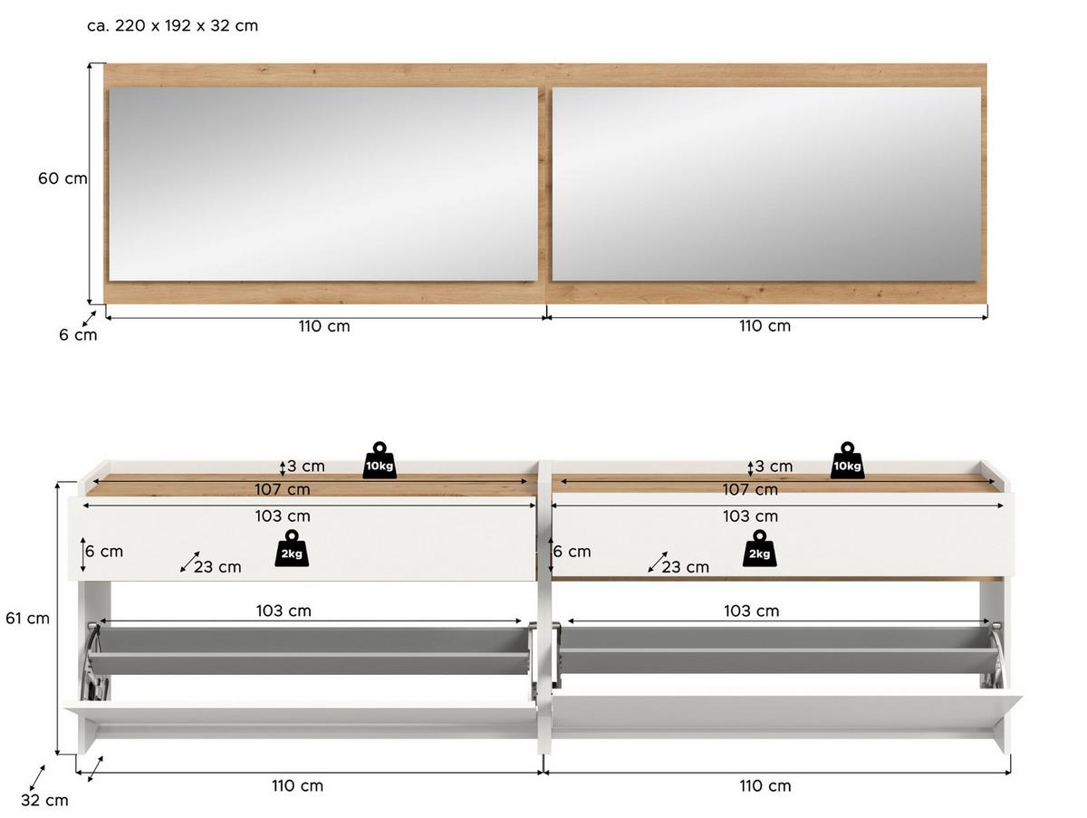 GARDEROBE-SET weiß und Artisan Eiche, Garderobe 4-teilig, 220 x 192 cm, Borga - Weiß/Eiche Artisan, Holzwerkstoff (220/192/32cm) - Inn.Furn