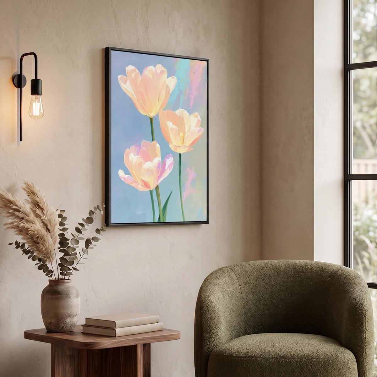 LEINWAND Bilder mit Rahmen - Tulpen - Rosa Akzente - Blau - 60x80 - Pastellblau, Textil (60/80cm) - MuchoWow