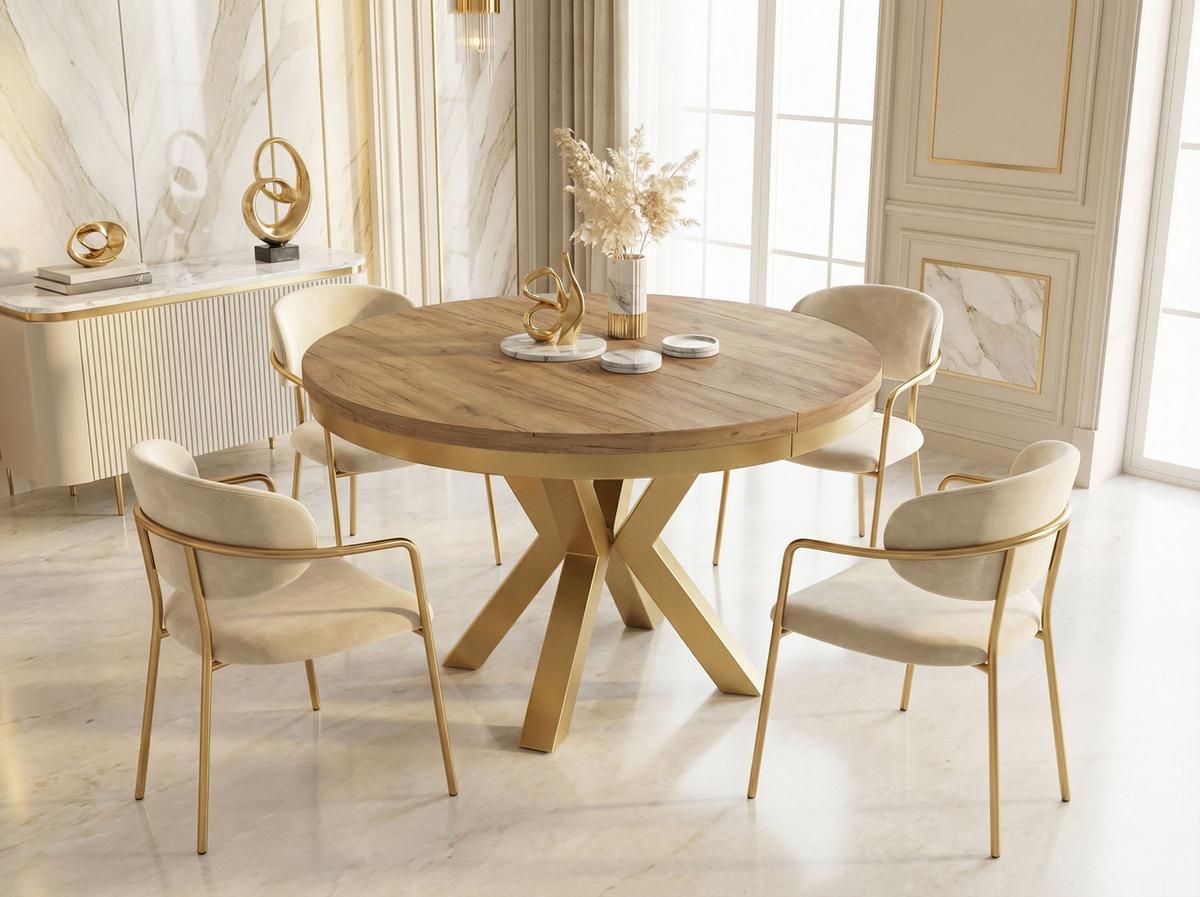 ESSTISCH Clara Gold runder ausziehbarer, Craft Eiche 100-180/100/76 cm - Eiche Wotan/Goldfarben, Holzwerkstoff/Metall (100/176/76cm) - WFL GROUP