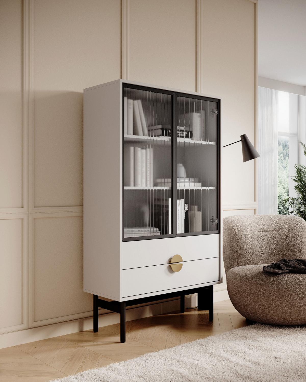 VITRINE Stoon II Weiß 150 cm - Goldfarben/Schwarz, Holzwerkstoff/Metall (85.5/150/41cm) - Selsey