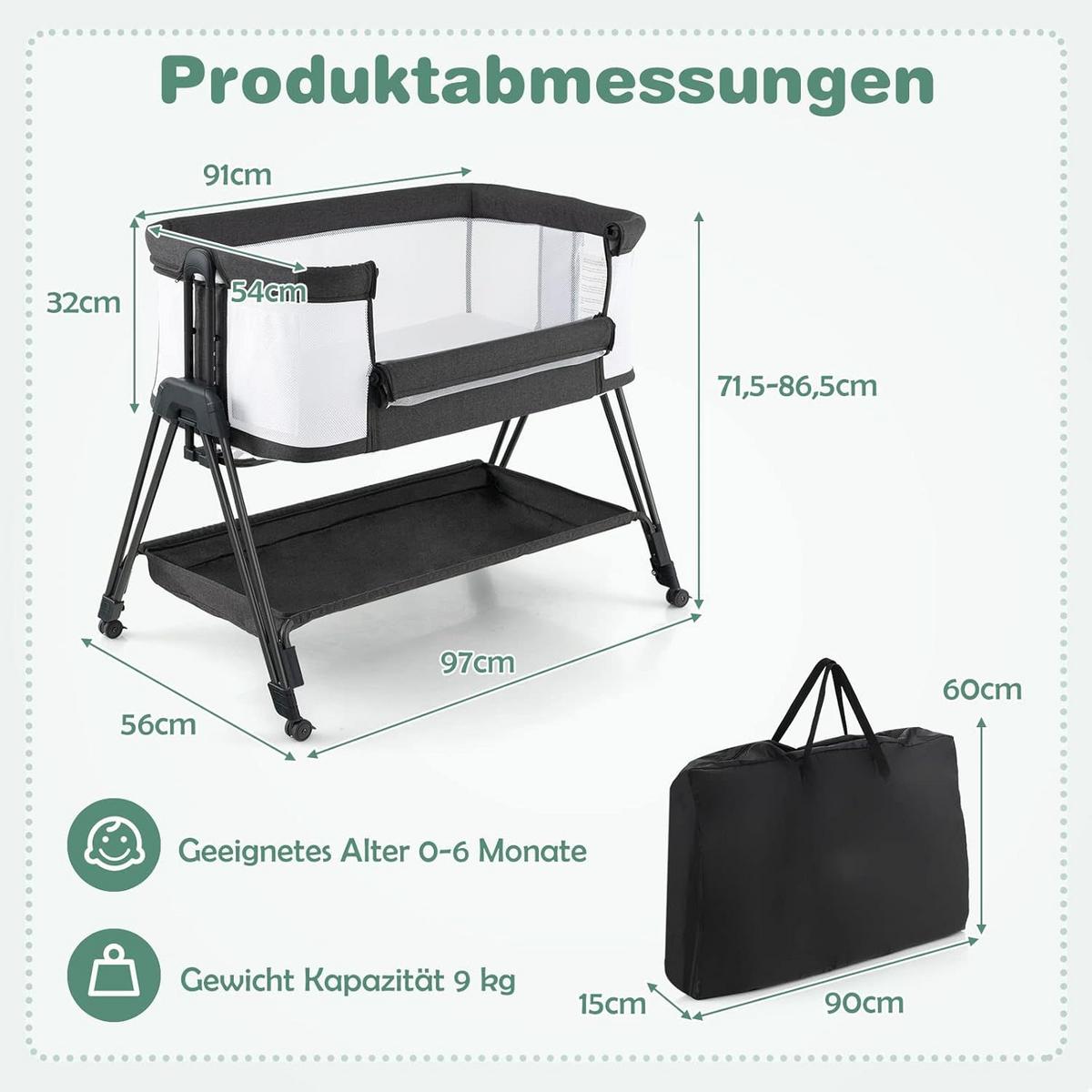BABYBETT 2 in 1 Beistellbett Stubenwagen klappbar Grau - Grau, Metall - COSTWAY