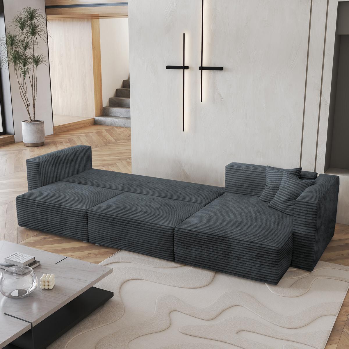 ECKSOFA TOLMO Grau Kordstoff mit Schlaffunktion - Grau, Holz/Kunststoff (347/148cm) - MASSENO