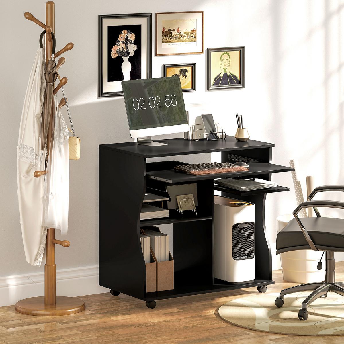COMPUTERTISCH mit Rollen, Schwarz 80 x 48 x 75 cm - Schwarz, Holz (80/48/75cm) - HOMCOM
