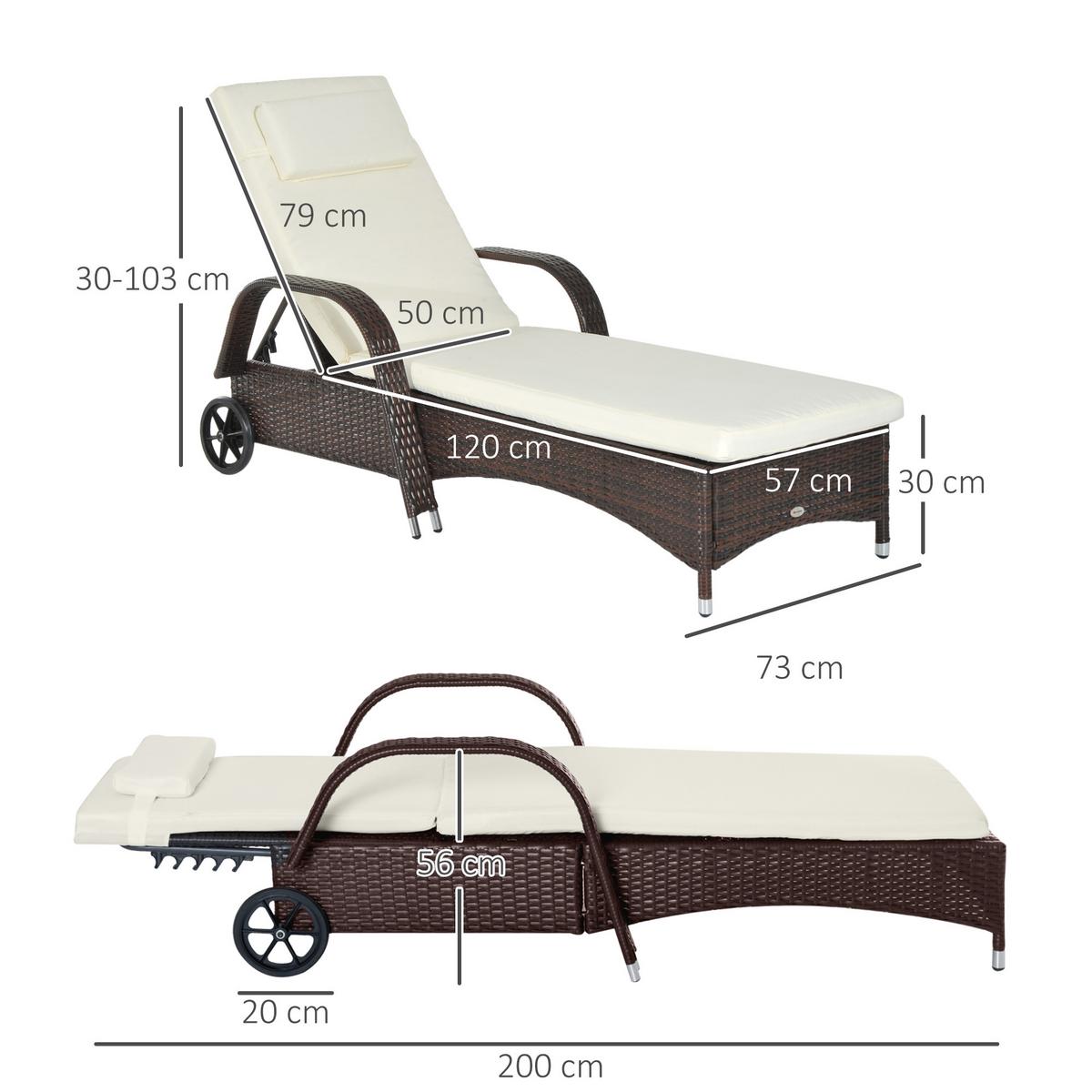 SONNENLIEGE, Polyrattan, Kaffeebraun - Multicolor, Kunststoff (73/103/200cm) - Outsunny