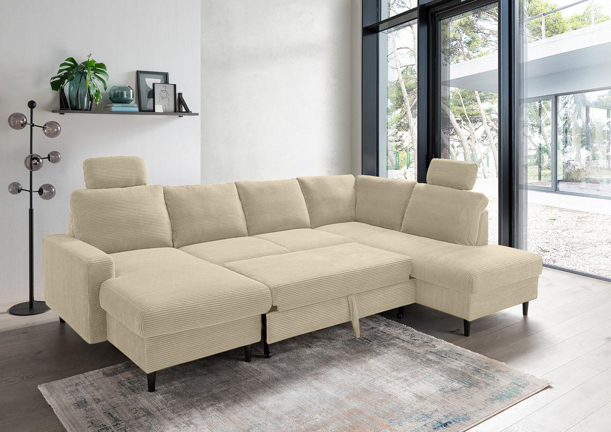 WOHNLANDSCHAFT mit Schlaffunktion Bettkasten Wellenunterfederung, 2 Kopfstützen, U-Form B305/T200/H88 cm, Cord Beige Grau / 17205 - Greige/Schwarz, Holz/Textil (305/88/200cm) - luma-home