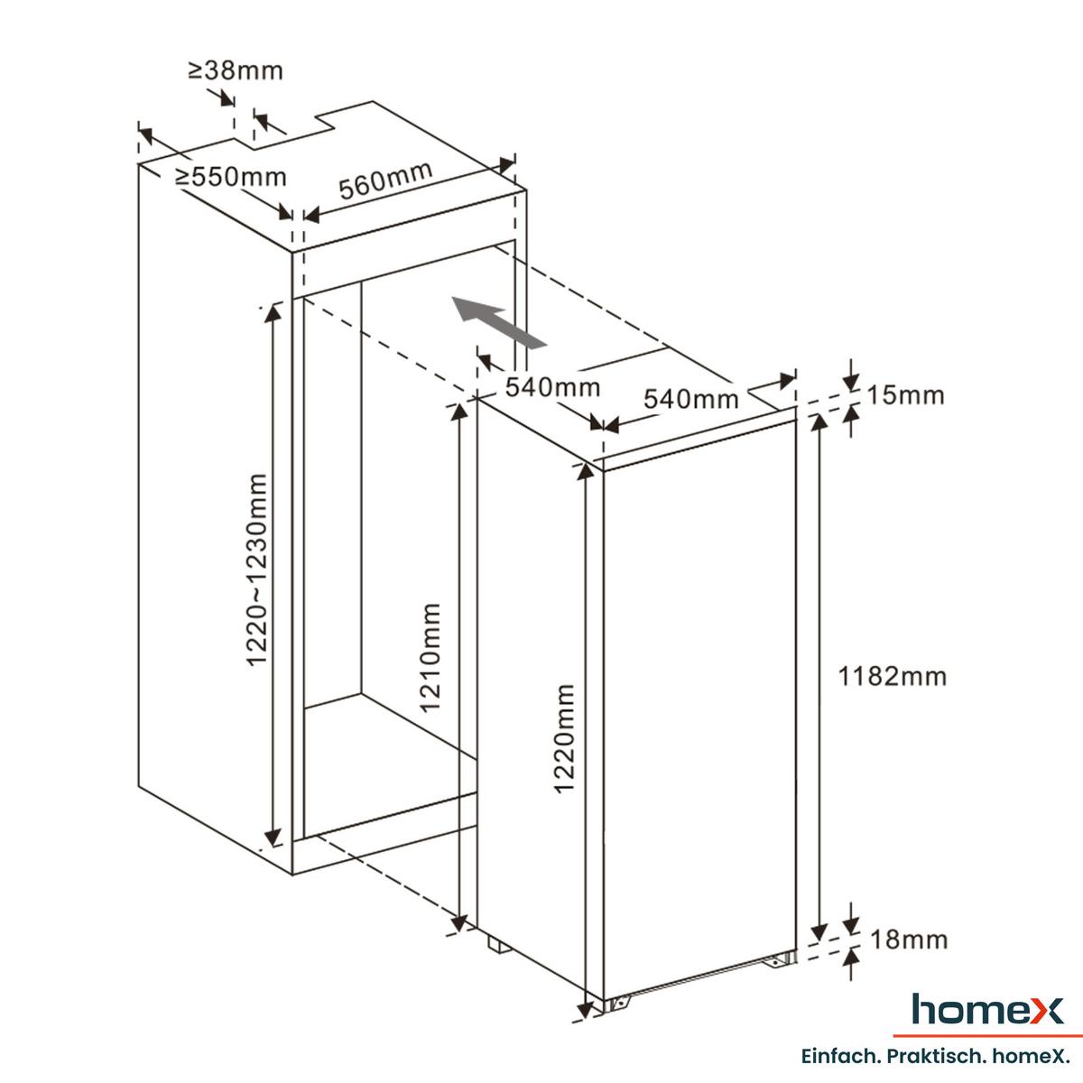 KÜHLSCHRANK Einbau, ohne Gefrierfach, 122cm Nische, 199 Liter, Schlepptürtechnik, 39 dB, CB1991E - Weiß, Glas/Kunststoff (54/123/54cm) - homeX