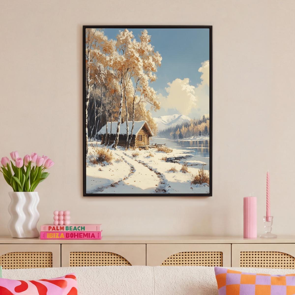 LEINWAND Bilder mit Rahmen - Winter - Schnee - Zuhause - Natur - 70x100 - Hellbraun, Textil (70/100cm) - MuchoWow