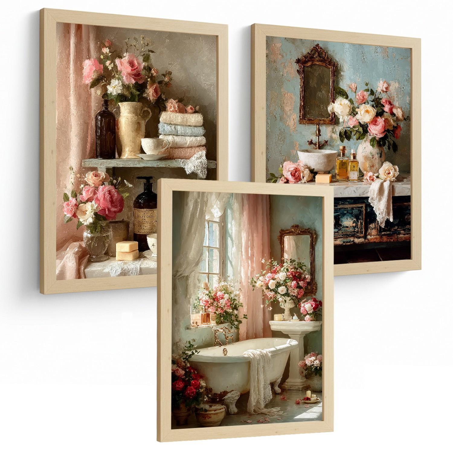 POSTER 3er-Set dekorative Badezimmerdrucke, romantischer Stil, Bilder mit Rosen Badewanne und Parfums, Blumenposter, Leichter Holzrahmen A4 - Beige, Papier (29.7/21/3cm) - Nacnic