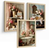 POSTER 3er-Set dekorative Badezimmerdrucke, romantischer Stil, Bilder mit Rosen Badewanne und Parfums, Blumenposter, Leichter Holzrahmen A4 - Beige, Papier (29.7/21/3cm) - Nacnic