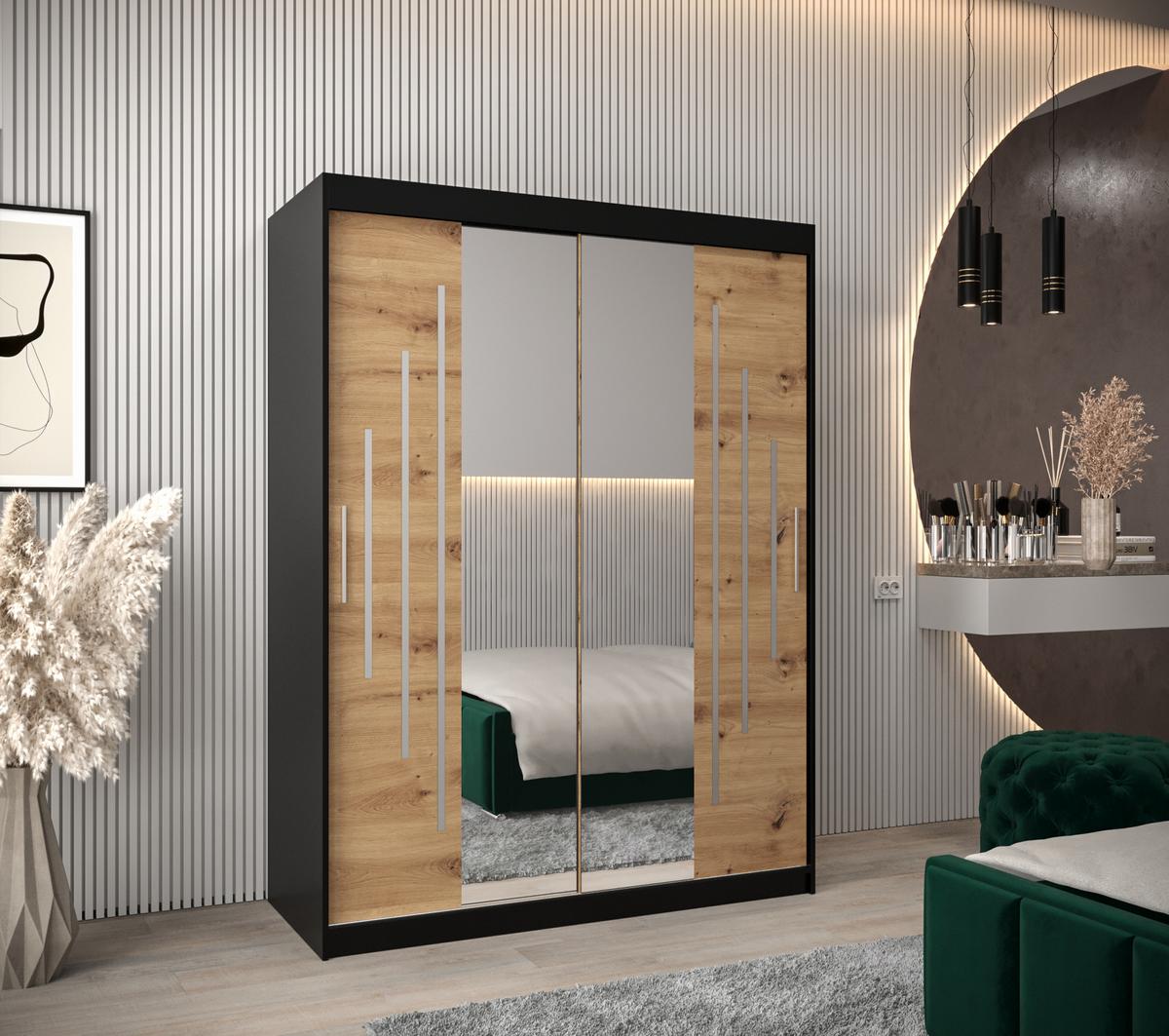 SCHWEBETÜRENSCHRANK 200/150/62 2-türig - Silberfarben/Schwarz, Holz/Kunststoff (150/200/62cm) - Abiks Möbel