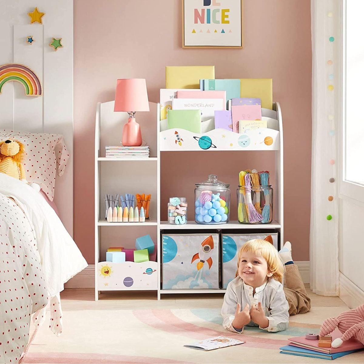 KINDERREGAL mit Buchablage und 2 Aufbewahrungsboxen - Weiß, Holzwerkstoff (30/100/108.5cm) - Calicosy
