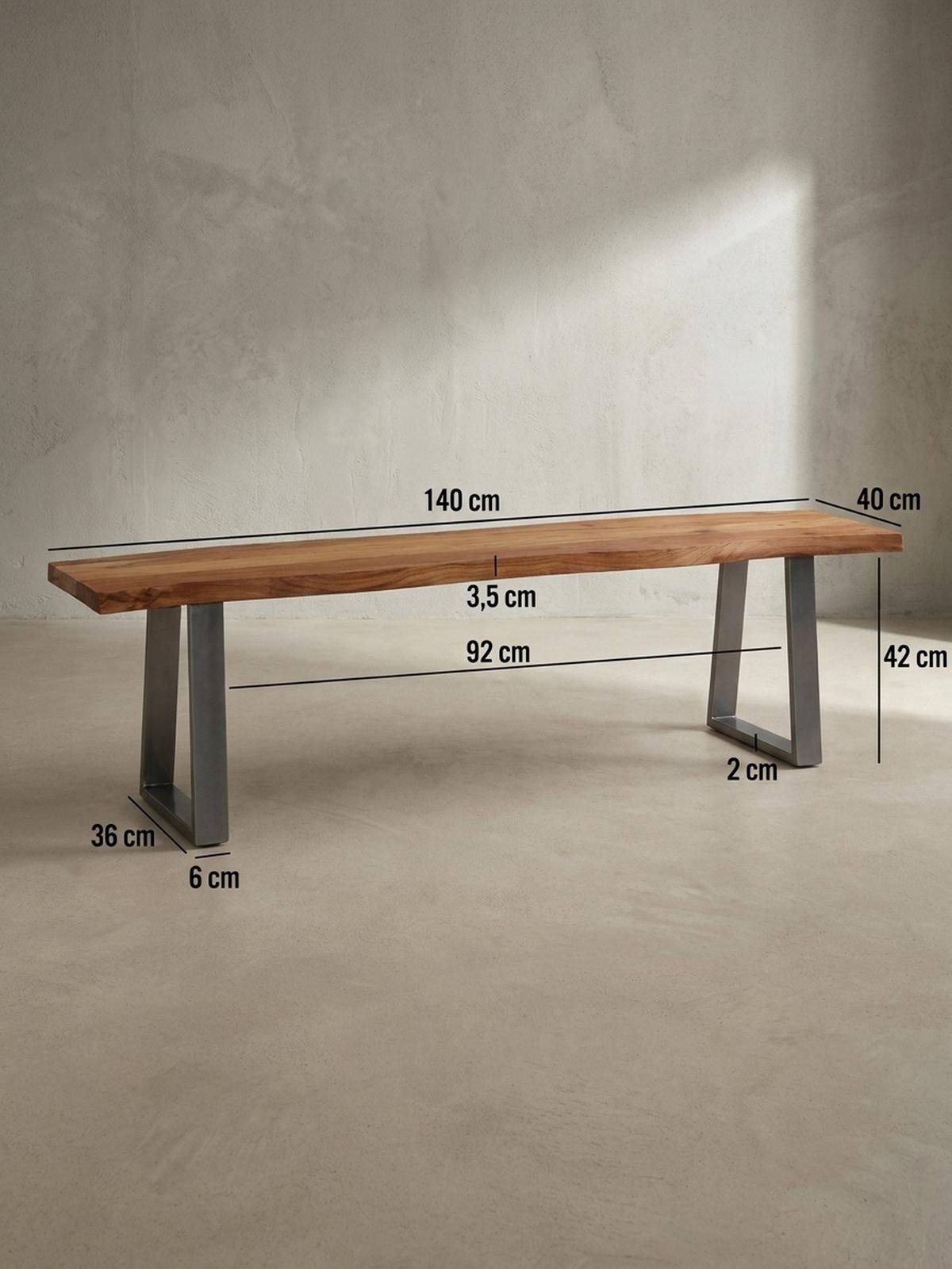 ESSZIMMERBANK Massivholz Metall Baumkante Chromgestell, Akazie 140x40x46 cm - Silberfarben/Braun, Holz/Metall (140/46/40cm) - KADIMA DESIGN