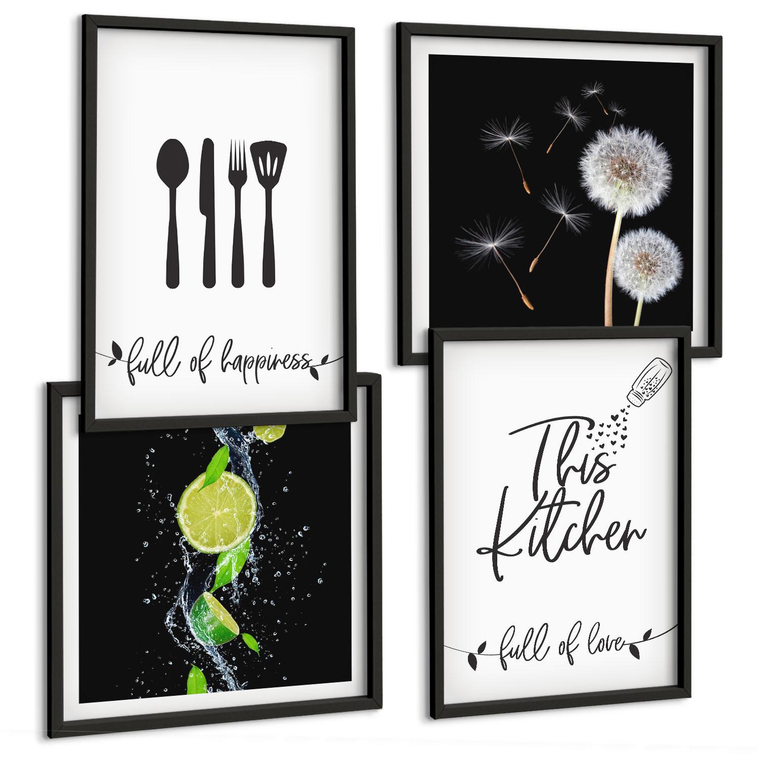 BILDER SET 4er Set - 50x50 cm & 40x60 cm Schwarzer Rahmen - Löwenzahn-Kalk-Kücheninschriften - Schwarz, Kunststoff (50/50cm) - TULUP