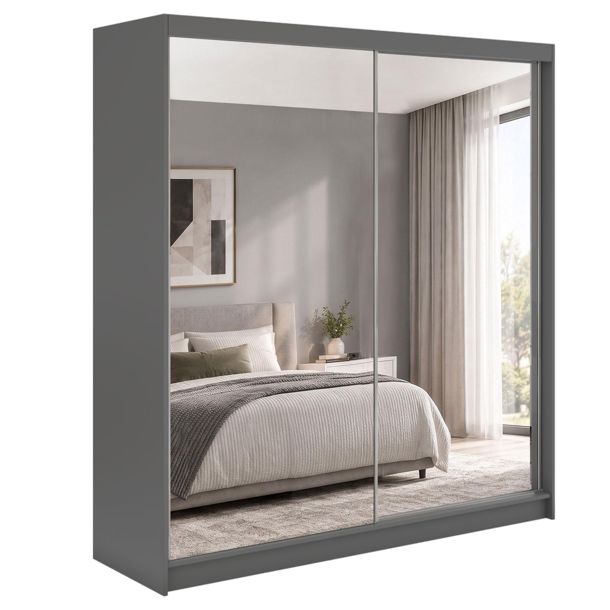 SCHWEBETÜRENSCHRANK Debra 200/216/61 graphit mit Spiegel - Graphitfarben, Holzwerkstoff (200/216/61cm) - Beautysofa